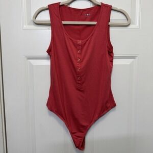 Three Dots Women Bodysuit S Brick Red Sleeveless Henley Tank Jersey Stretch SOFT